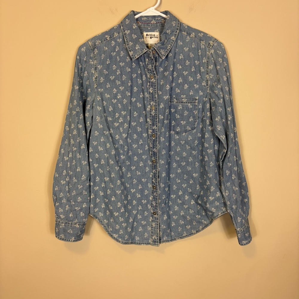 Holding Horses Blue Floral Collared Button-Up Shirt Small